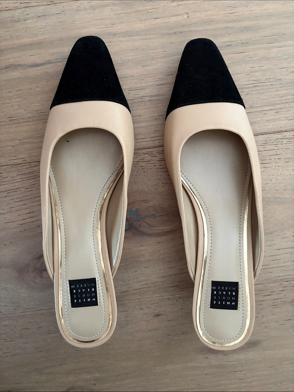 White House Black Market Beige and Black Square-Toe Slip-On Mules